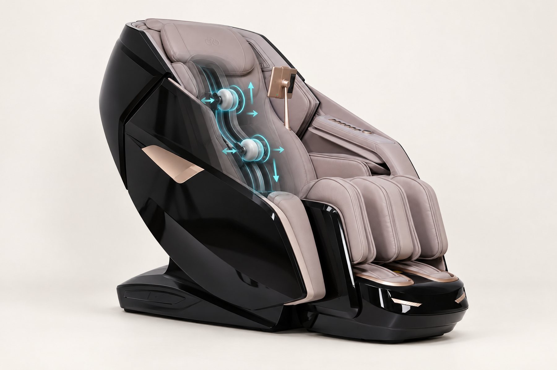 4D massage mechanism — rollers that move in, out, up and across